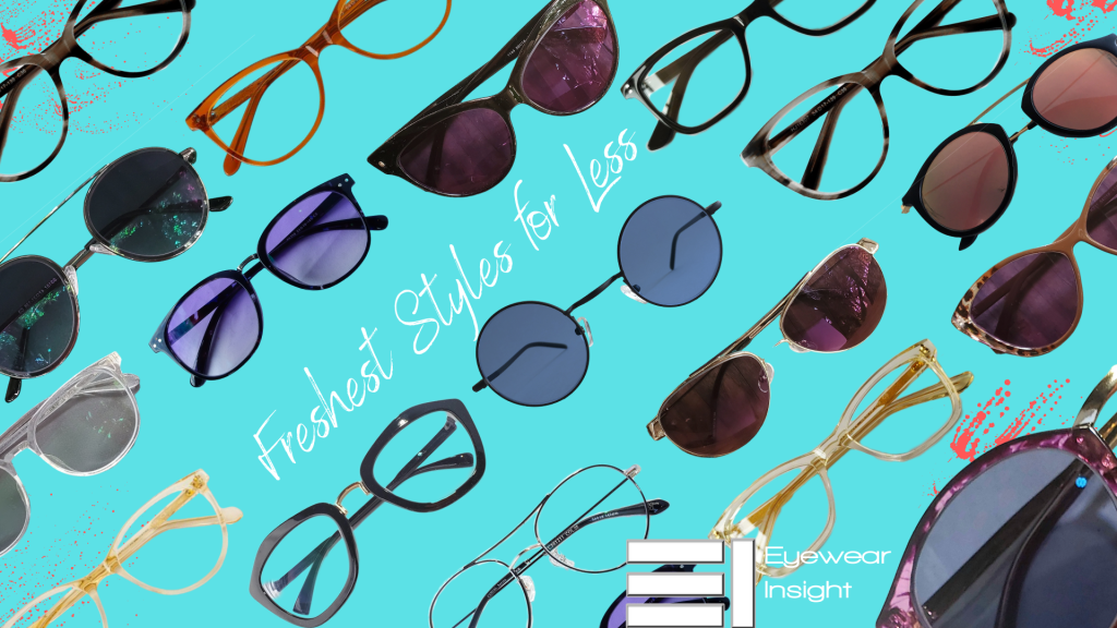 Where to order Eyeglasses online and get Amazing Deals banner image showing several pair of glasses from Cat eyes that are sunglasses, to aviators in metal and round Lennon glasses diagonally set  against a bright against an aqua background